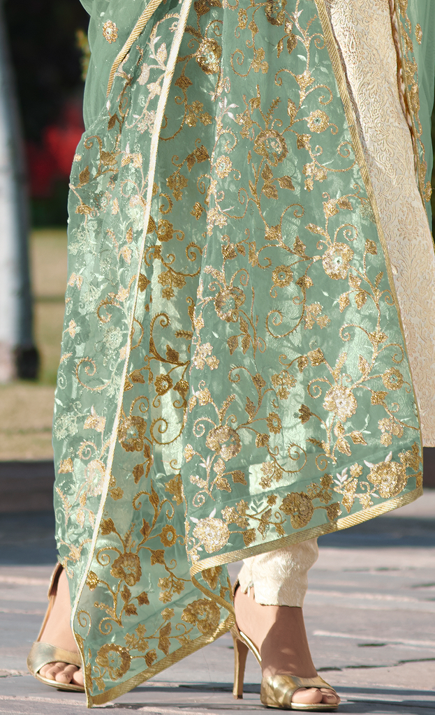 Cream & Green Designer Embroidered Jacquard Churidar Suit-Saira's Boutique
