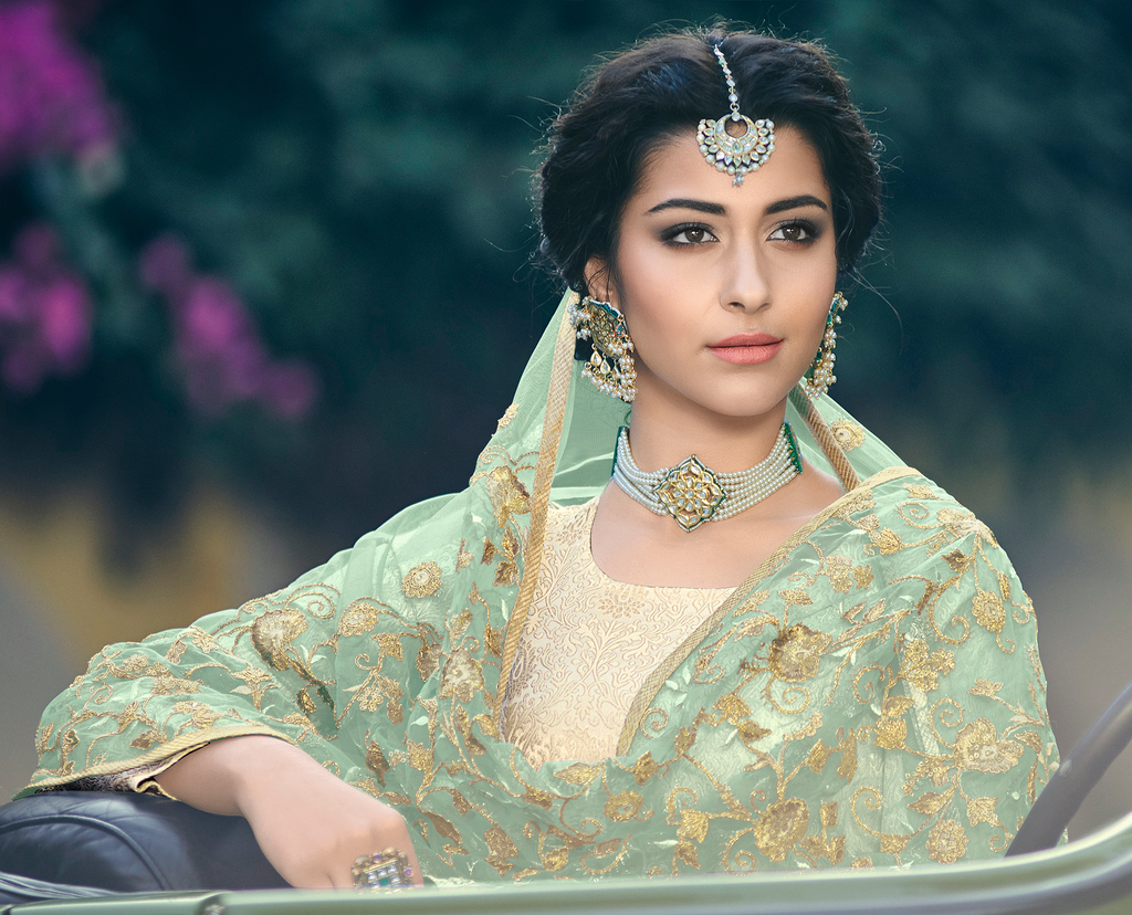 Cream & Green Designer Embroidered Jacquard Churidar Suit-Saira's Boutique
