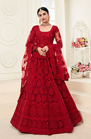 Ruby Red Designer Heavy Embroidered Bridal Lehenga