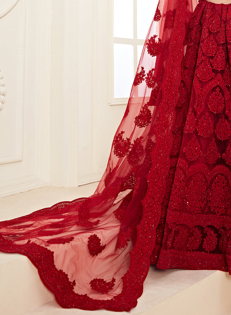 Crimson Red Designer Heavy Embroidered Bridal Lehenga-Saira's Boutique