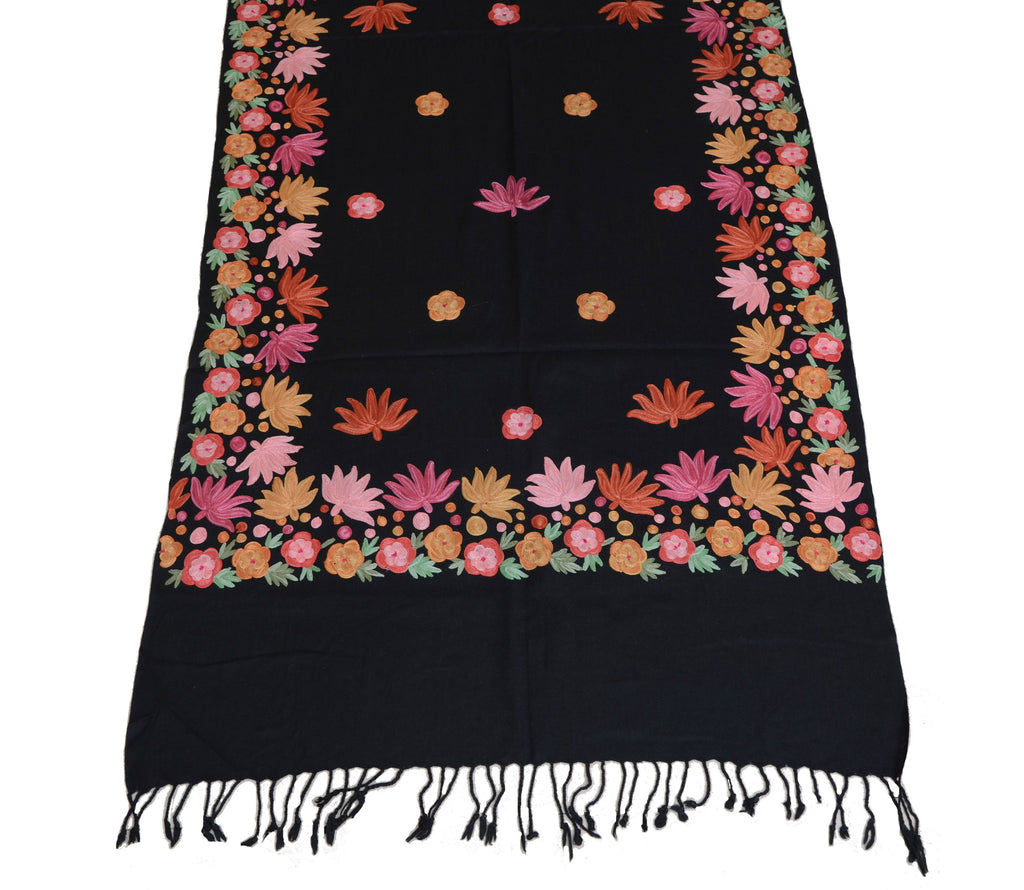 Black Pure Pashmina Hand Embroidered Kashmiri Shawl-Saira's Boutique