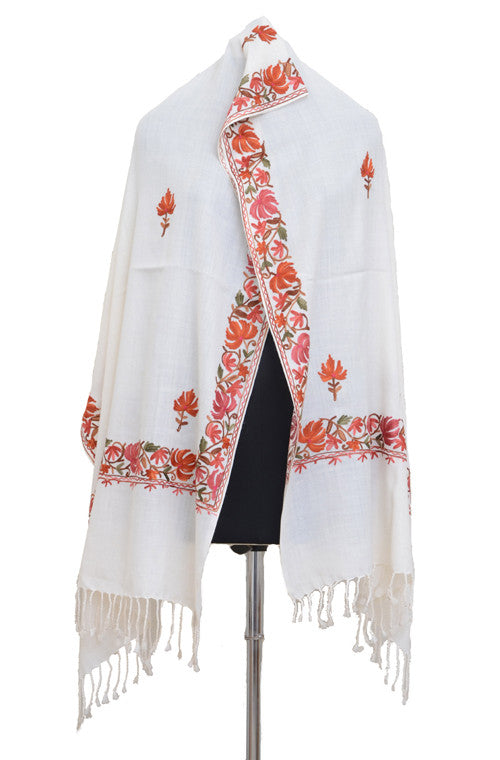 Gorgeous White Pure Pashmina Hand Embroidered Kashmiri Shawl-Saira's Boutique