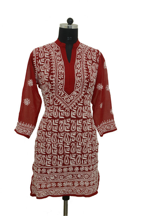 Shyamal Chikan Hand Embroidered Red Cotton Lucknowi Chikankari Kurti S