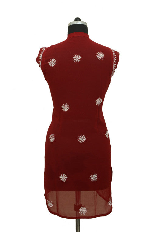 Red Short Georgette Kurti with Chikankari Embroidery-Saira's Boutique