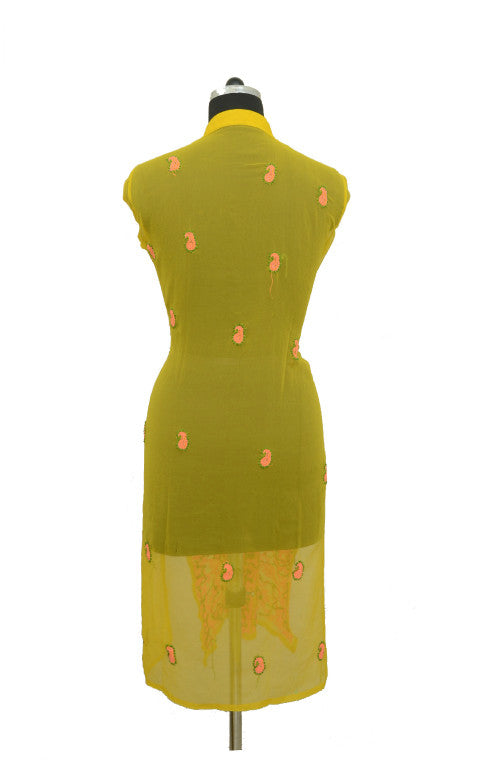 Pink & Yellow Long Georgette Kurti with Chikankari Embroidery-Saira's Boutique