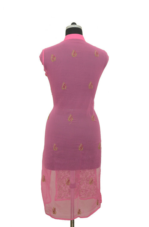 Dark Pink Long Georgette Kurti with Chikankari Embroidery-Saira's Boutique