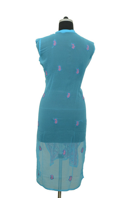 Blue Long Georgette Kurti with Chikankari Embroidery-Saira's Boutique