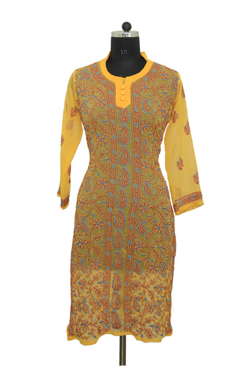 Yellow Long Georgette Kurti with Brown Chikankari Embroidery-Saira's Boutique