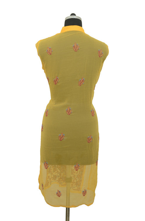 Yellow Long Georgette Kurti with Brown Chikankari Embroidery-Saira's Boutique