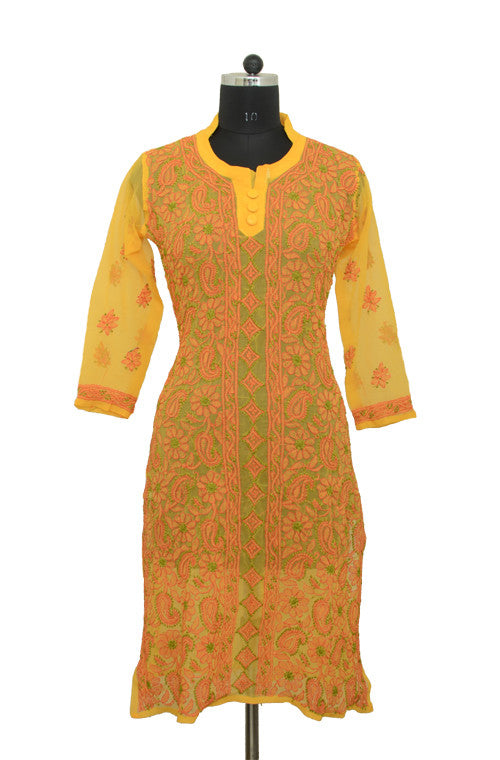 Yellow Long Georgette Kurti with Orange Chikankari Embroidery-Saira's Boutique
