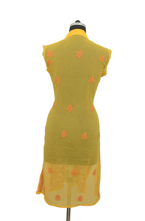 Yellow Long Georgette Kurti with Orange Chikankari Embroidery-Saira's Boutique