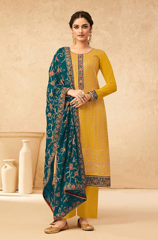 Light Blue & Cyprus Blue Designer Embroidered Georgette Palazzo Suit