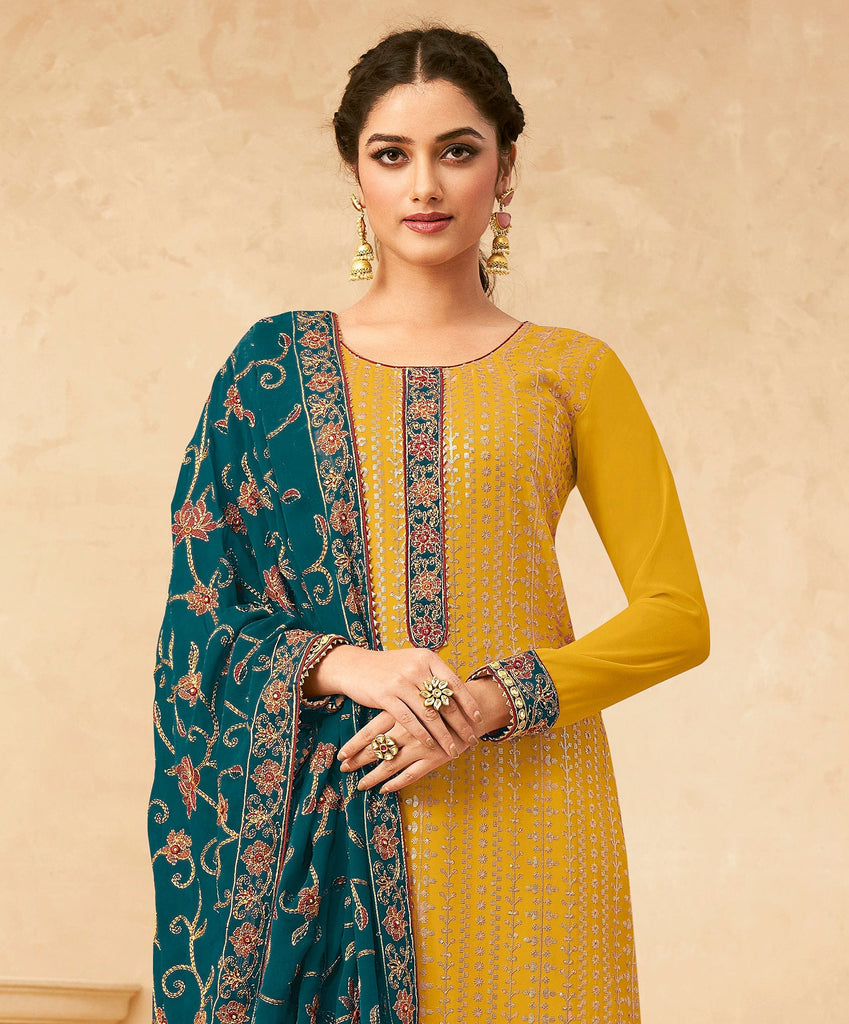 Buy online Yellow Georgette Semistitched Suit from Suits & Dress material  for Women by Mf Next for ₹1839 at 63% off | 2024 Limeroad.com