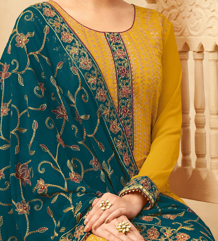Daffodil Yellow & Sherpa Blue Designer Embroidered Pant Suit-Saira's Boutique