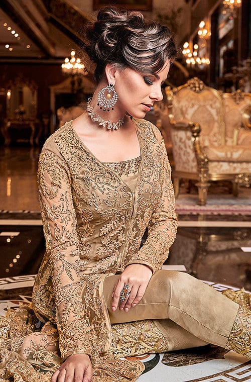 Dark Beige Designer Embroidered Lehenga Style Bridal Anarkali Suit-Saira's Boutique