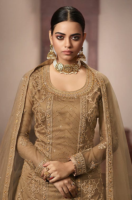 Dark Beige Designer Embroidered Net Kurti Style Lehenga-Saira's Boutique