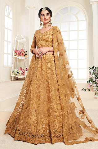 Beige Gold Designer Heavy Embroidered Net Wedding & Bridal Lehenga