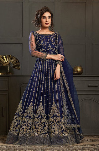 Deep Teal Blue Designer Embroidered Satin Anarkali Gown