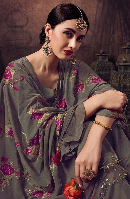 Dark Gray Designer Embroidered Georgette Palazzo Suit-Saira's Boutique