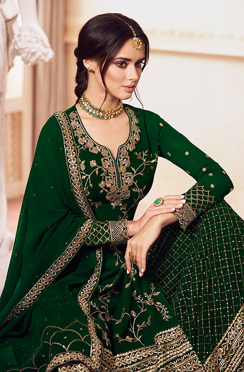 Dark Green Designer Embroidered Georgette Sharara Suit-Saira's Boutique