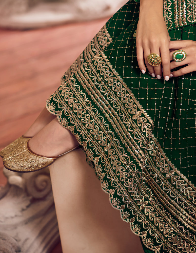 Dark Green Designer Embroidered Georgette Sharara Suit-Saira's Boutique