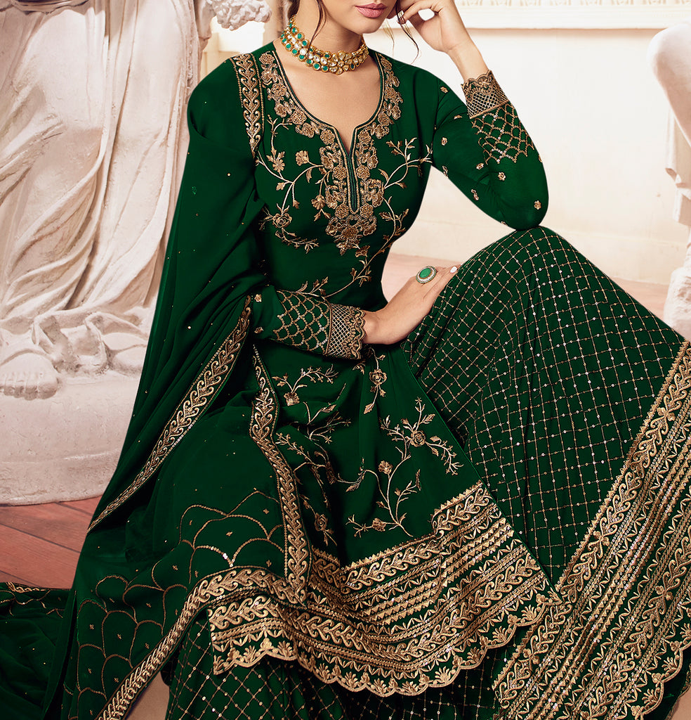 Dark Green Designer Embroidered Georgette Sharara Suit-Saira's Boutique