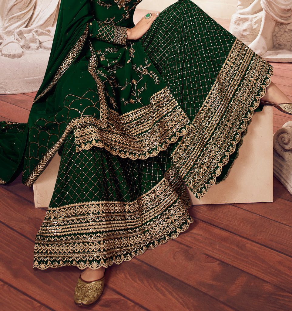 Dark Green Designer Embroidered Georgette Sharara Suit-Saira's Boutique