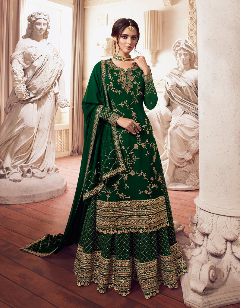 Dark Green Designer Embroidered Georgette Sharara Suit-Saira's Boutique