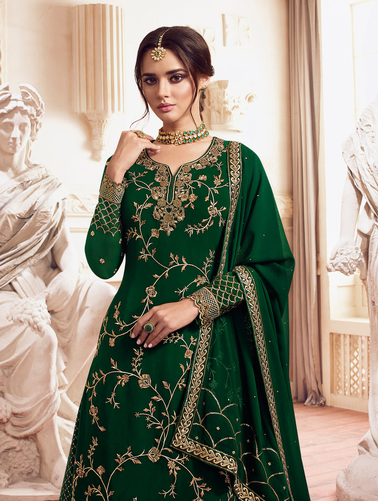 Dark Green Designer Embroidered Georgette Sharara Suit-Saira's Boutique