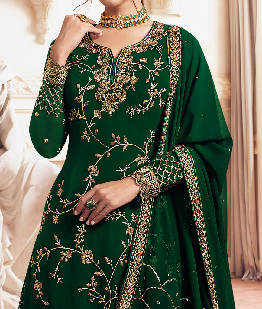 Dark Green Designer Embroidered Georgette Sharara Suit-Saira's Boutique