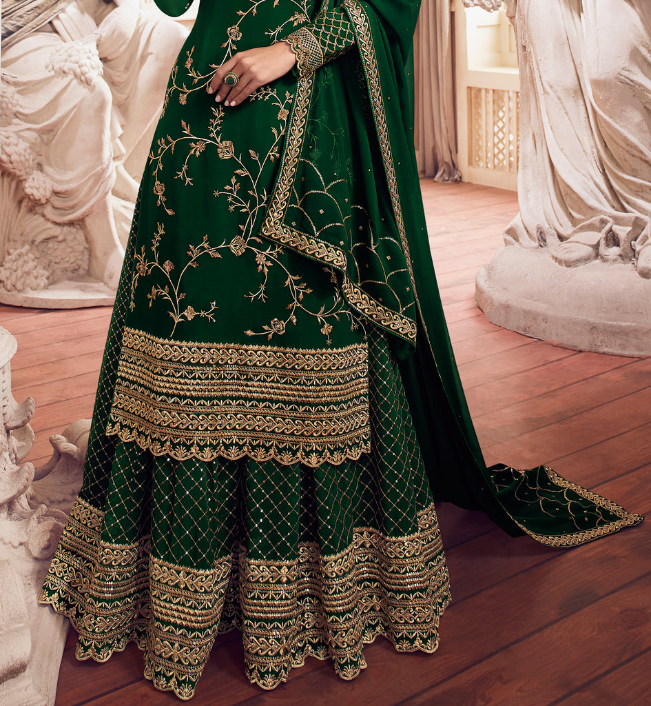 Dark Green Designer Embroidered Georgette Sharara Suit-Saira's Boutique