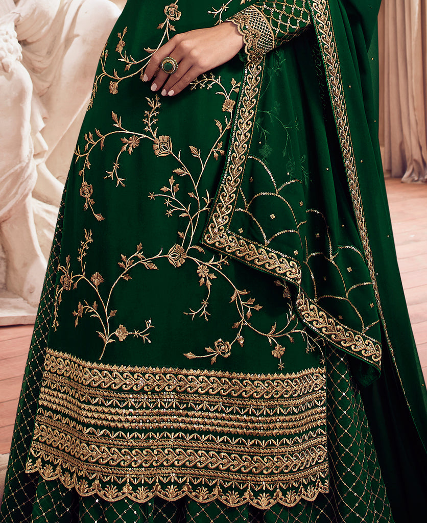 Dark Green Designer Embroidered Georgette Sharara Suit-Saira's Boutique