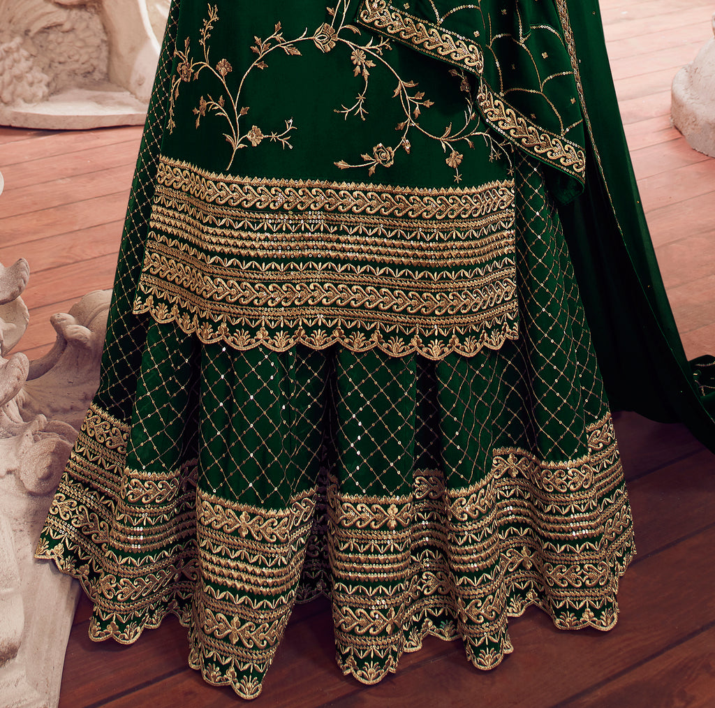 Dark Green Designer Embroidered Georgette Sharara Suit-Saira's Boutique