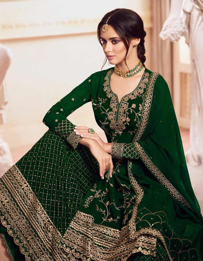 Dark Green Designer Embroidered Georgette Sharara Suit-Saira's Boutique