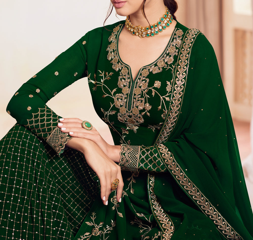 Dark Green Designer Embroidered Georgette Sharara Suit-Saira's Boutique