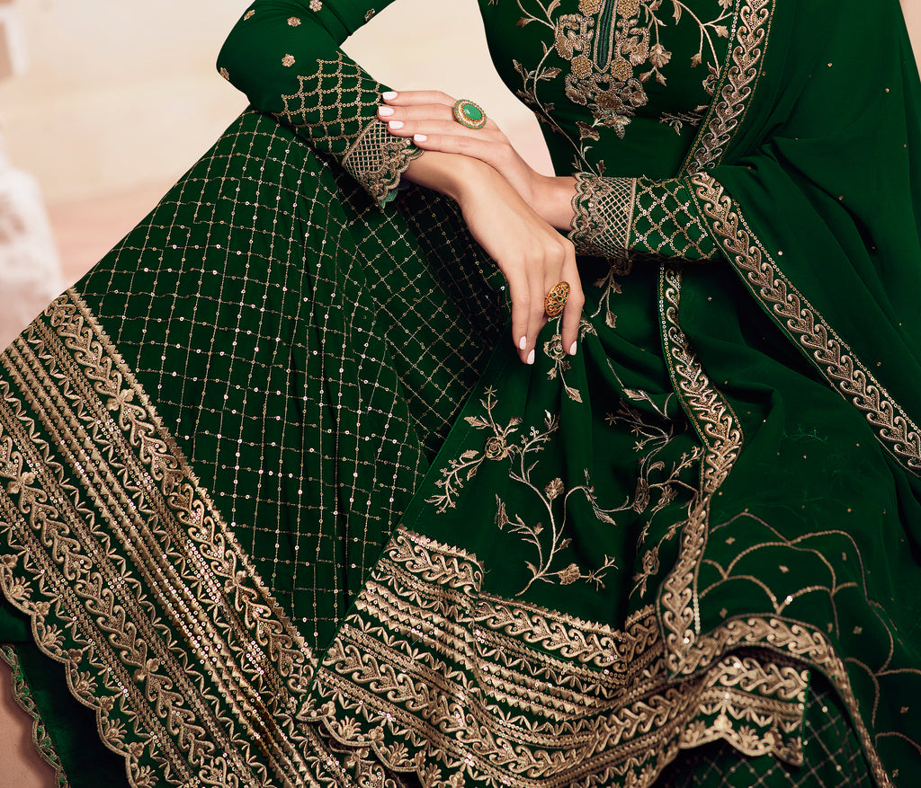 Dark Green Designer Embroidered Georgette Sharara Suit-Saira's Boutique