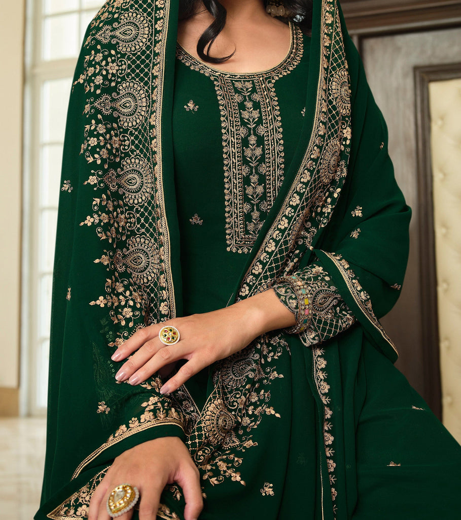 Dark Green Designer Embroidered Georgette Wedding Sharara Suit-Saira's Boutique
