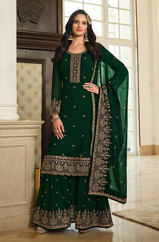 Bottle Green & Ruby Red Designer Embroidered Pant Suit
