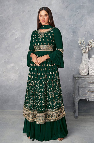 Dark Green Designer Embroidered Georgette Wedding Sharara Suit