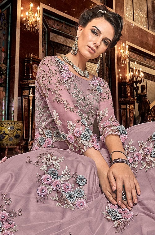 Dark Mauve Designer Heavy Embroidered Net Wedding Anarkali Gown-Saira's Boutique