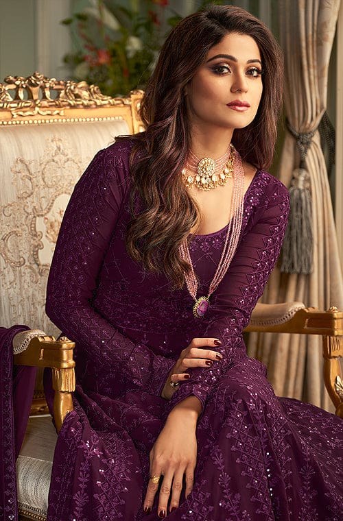Dark Mulberry Designer Heavy Embroidered Wedding Anarkali Suit-Saira's Boutique