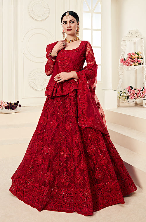 Buy Designer Red Thread Embroidered Velvet Bridal Lehenga Choli Online