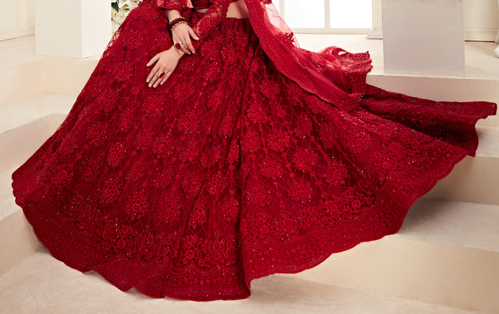 Dark Red Designer Heavy Embroidered Bridal Lehenga-Saira's Boutique