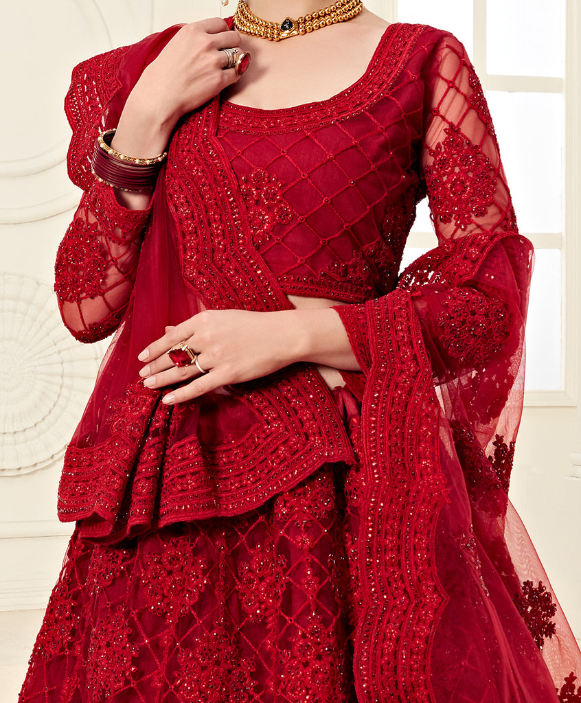 Dark Red Designer Heavy Embroidered Bridal Lehenga-Saira's Boutique
