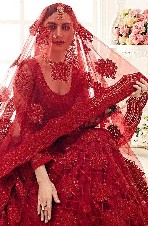Crimson Red Silk Bridal Lehenga Choli With Heavy Thread Embroidery And  Stone Work | lovelyweddingmall.com