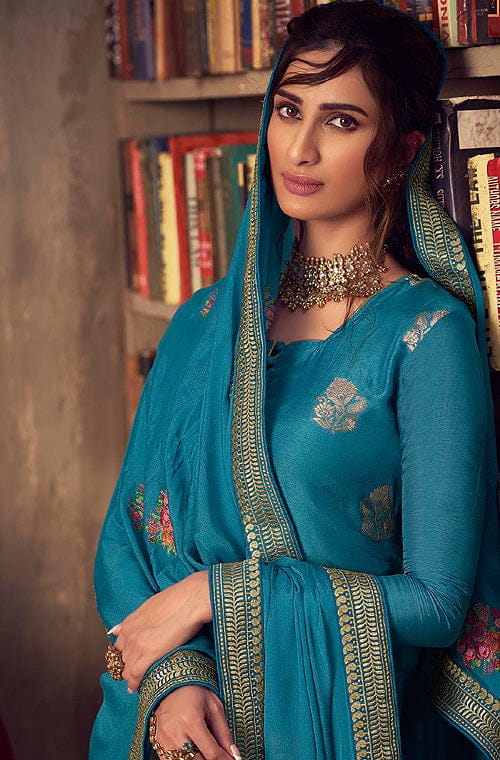 Dark Sky Blue Designer Embroidered Party Wear Palazzo Suit-Saira's Boutique