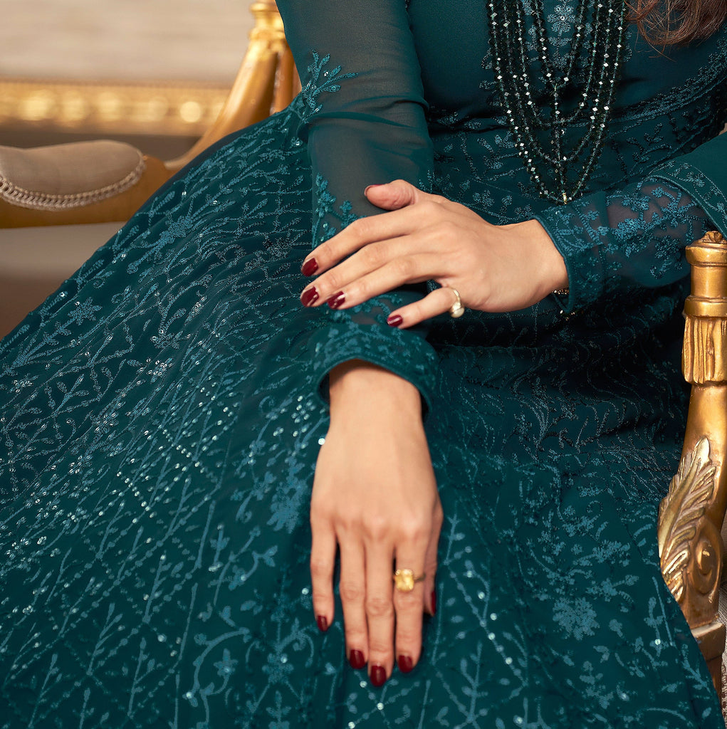 Dark Teal Blue Designer Heavy Embroidered Wedding Anarkali Suit-Saira's Boutique