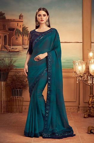 Peacock Blue Designer Embroidered Silk Party Wear Saree