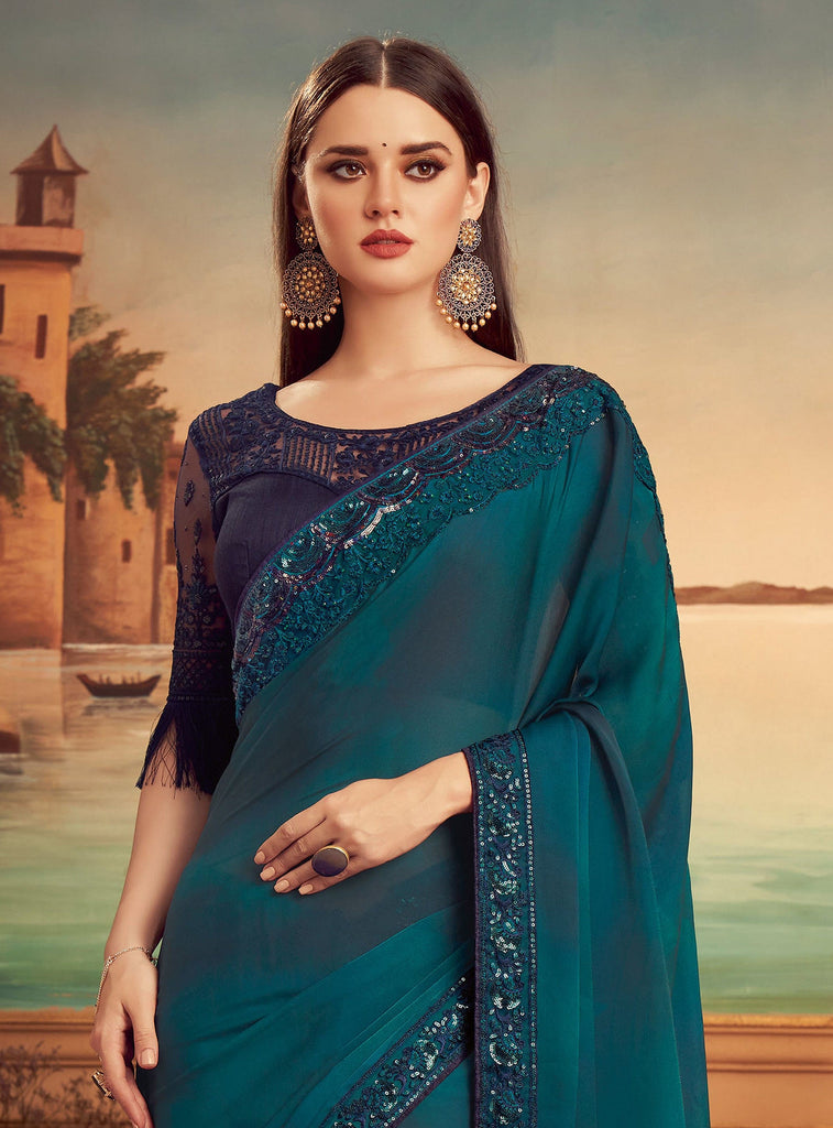 Dark Teal & Navy Blue Designer Embroidered Silk Party Wear Saree-Saira's Boutique