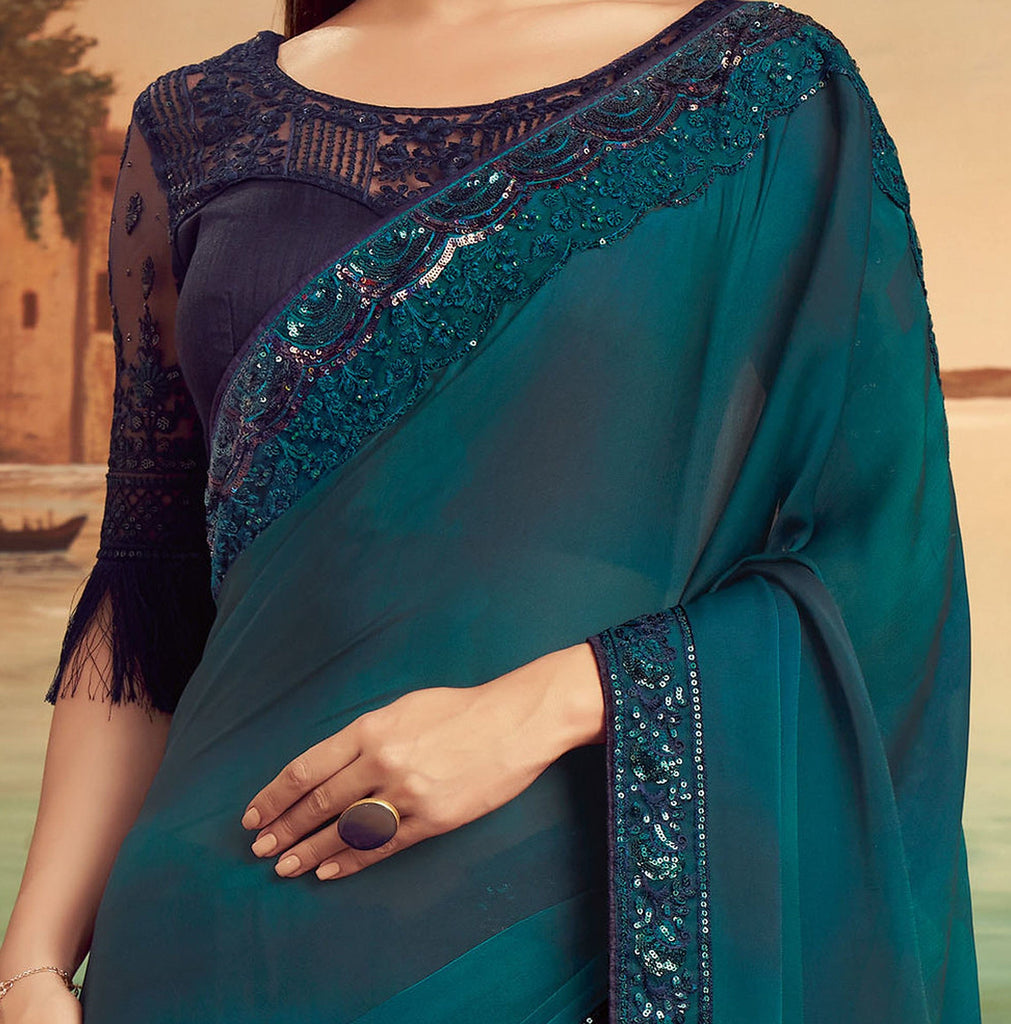 Dark Teal & Navy Blue Designer Embroidered Silk Party Wear Saree-Saira's Boutique